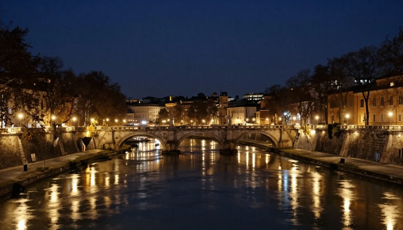 Via del Corso a Roma di notte sotto la luce dei lampioni