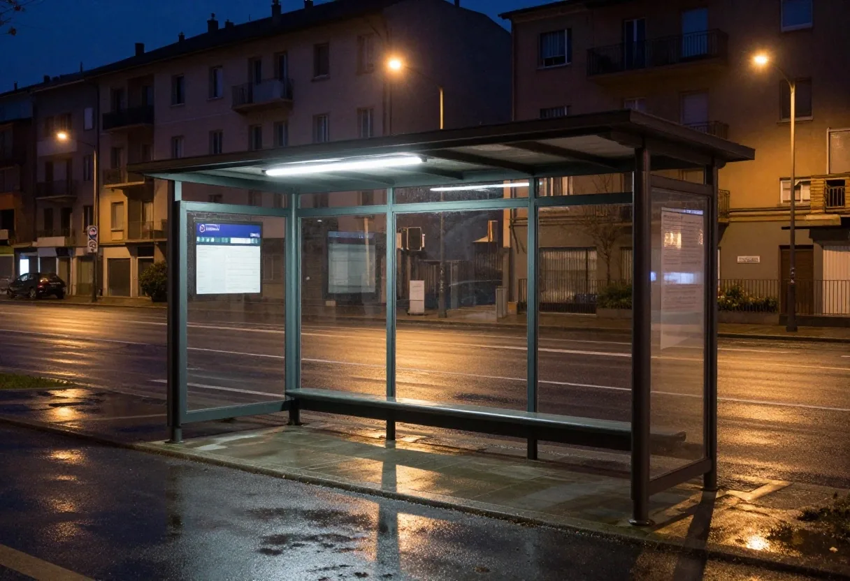 Fermata del bus a Milano di notte
