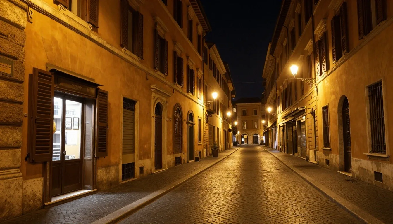 Via del Corso a Roma di notte sotto la luce dei lampioni