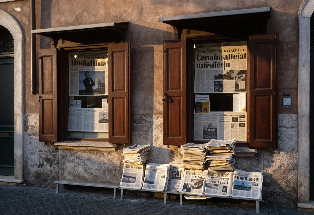 Edicola a Roma al mattino con i quotidiani del giorno