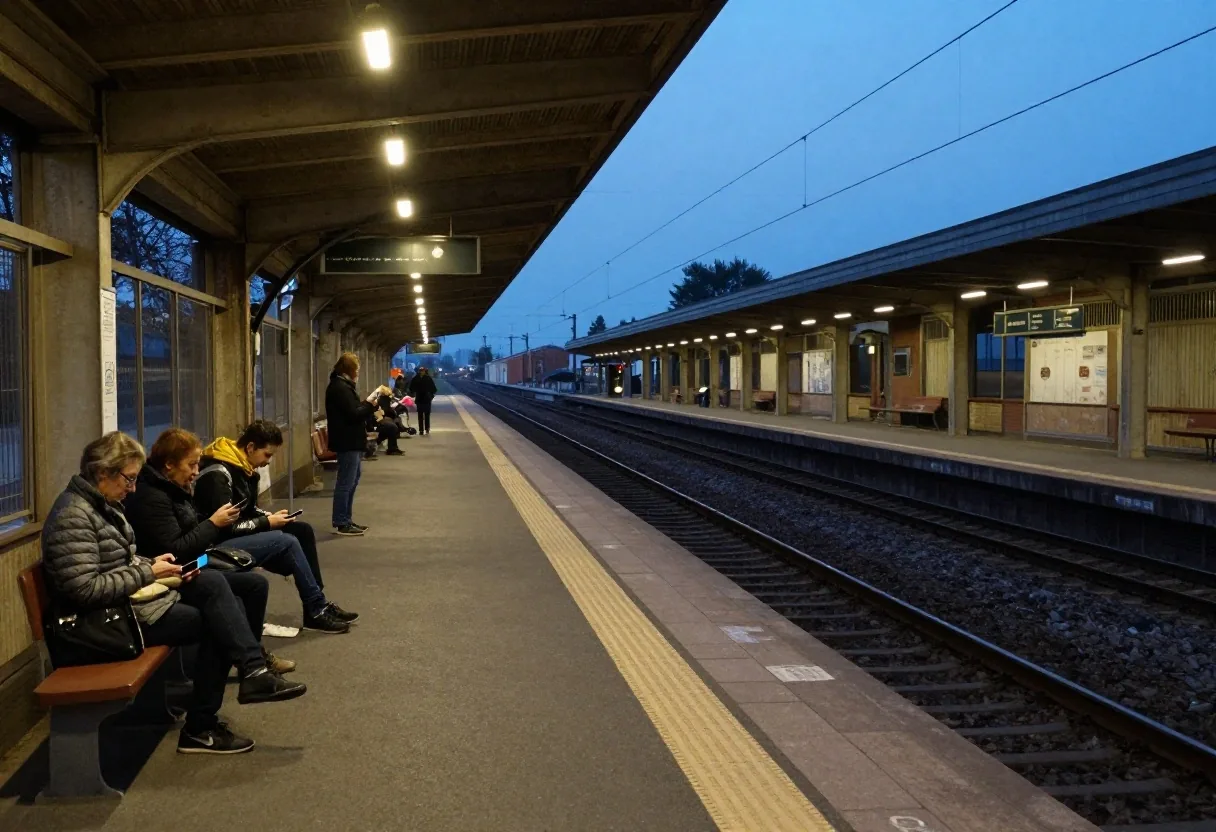 Concourse di stazione la sera mentre i lettori usano il telefono