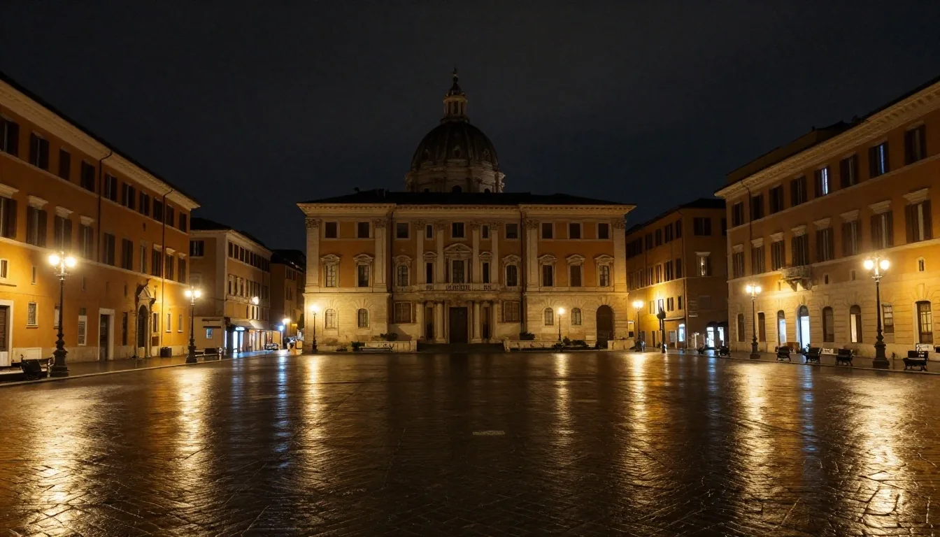 Via del Corso a Roma di notte sotto la luce della stampa