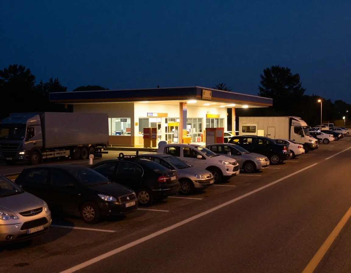 Area di servizio autostradale italiana di notte con auto in coda
