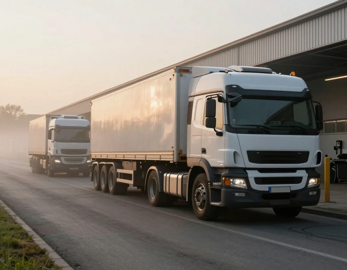 Camion in un polo logistico italiano all'alba
