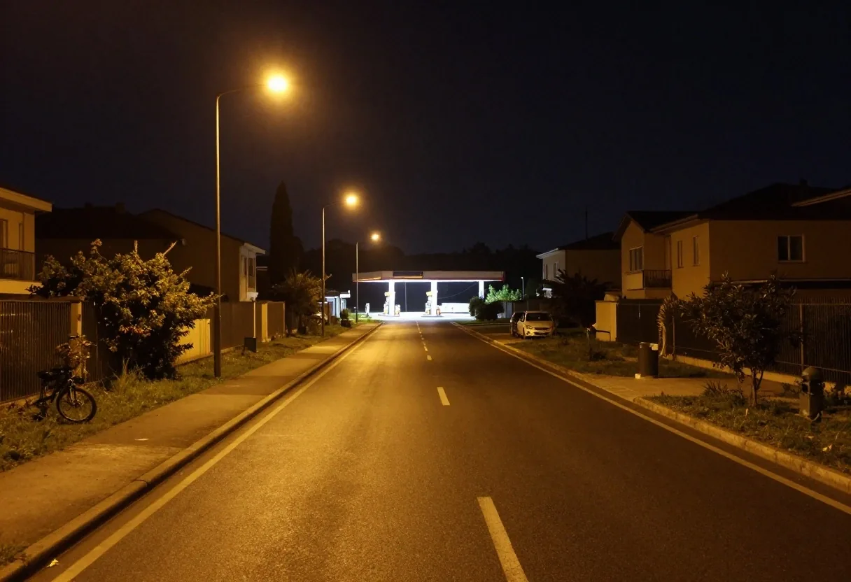 Prezzi dei carburanti su strada periferica romana di notte