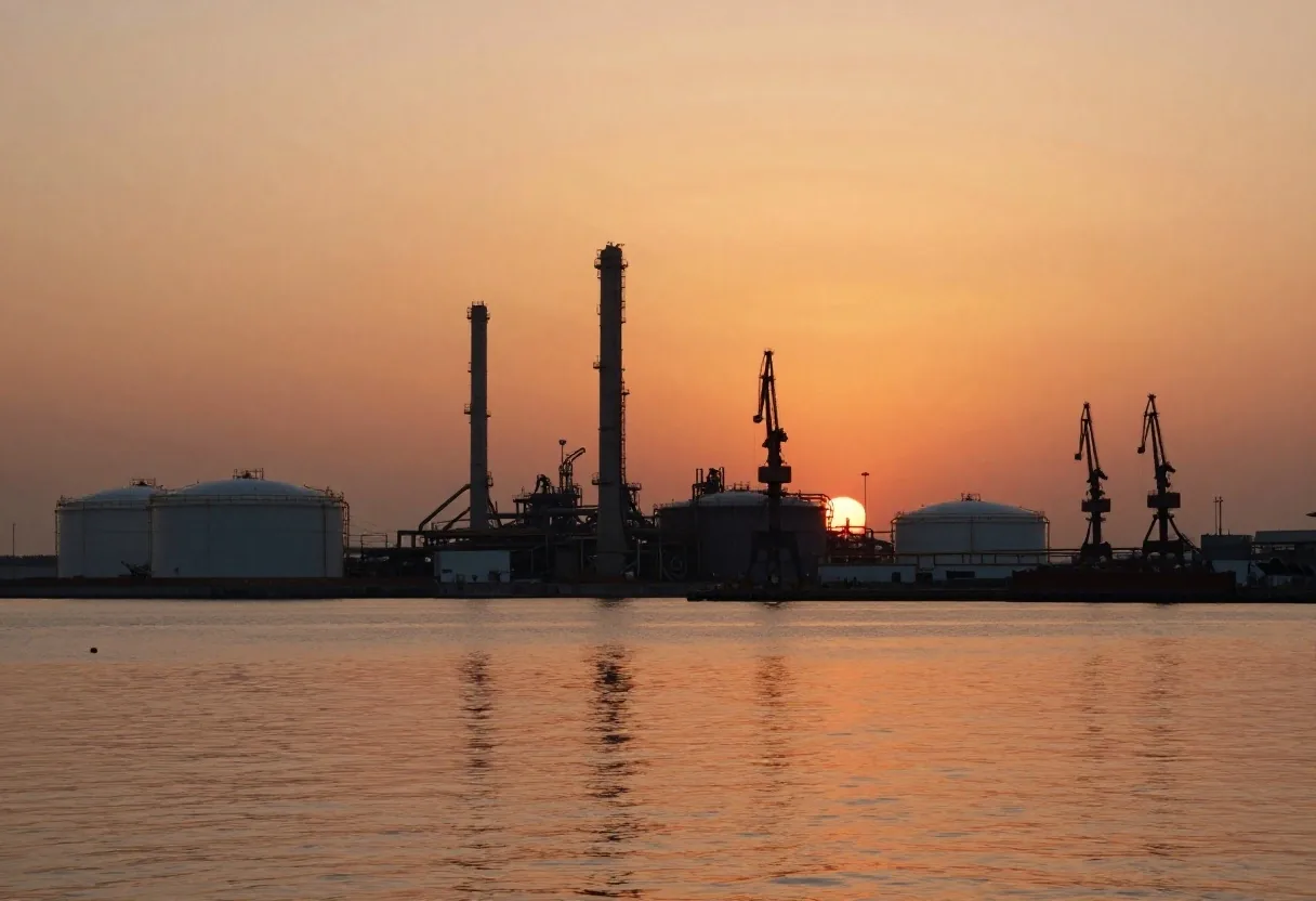 Raffineria e porto italiano al tramonto
