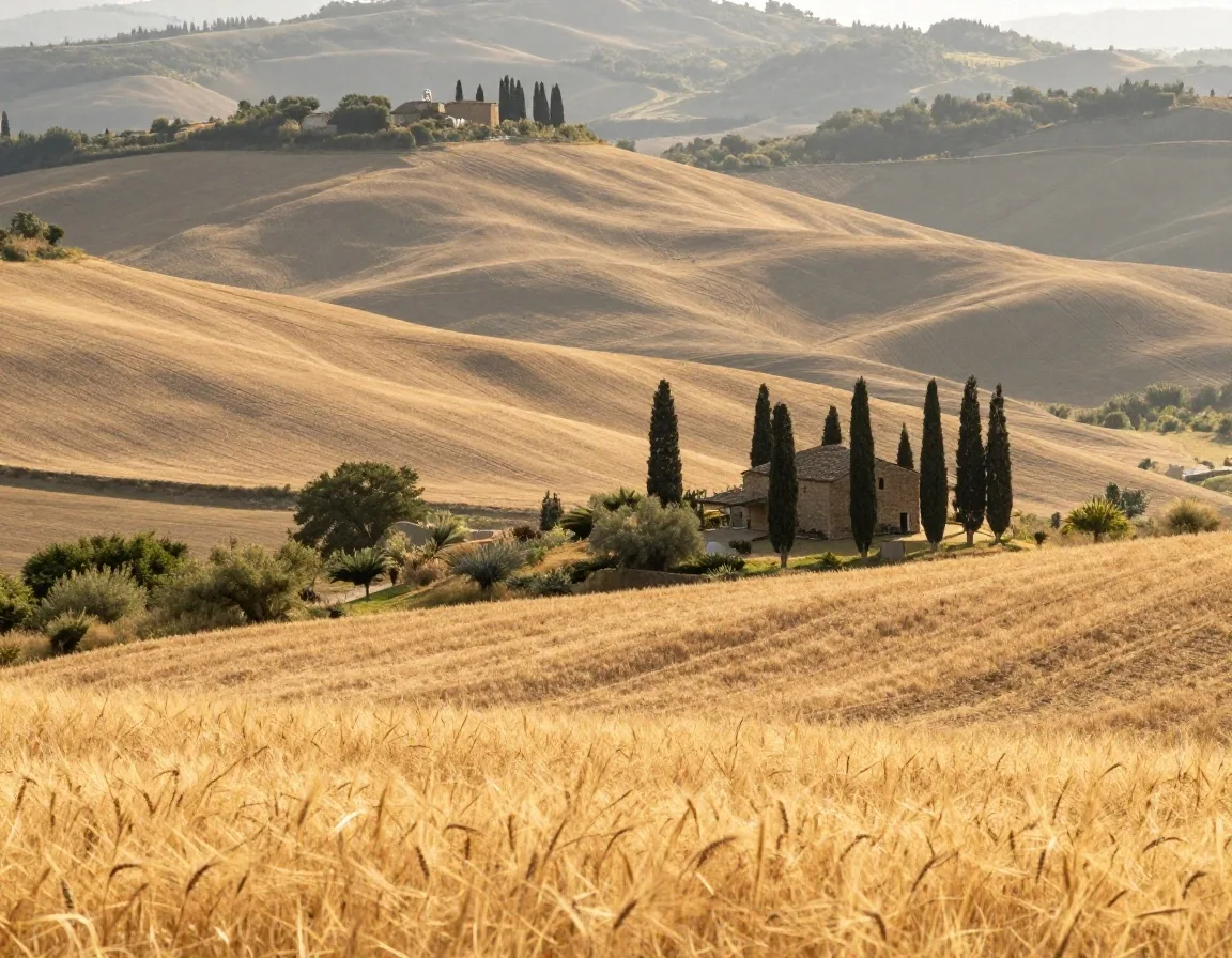 Colline con piccolo impianto e campi coltivati