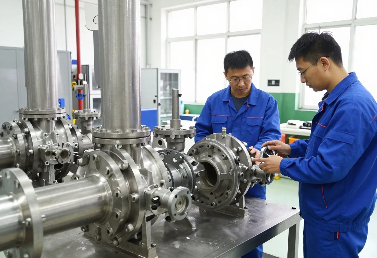 Officina meccanica con tecnici e componenti per impianti energetici