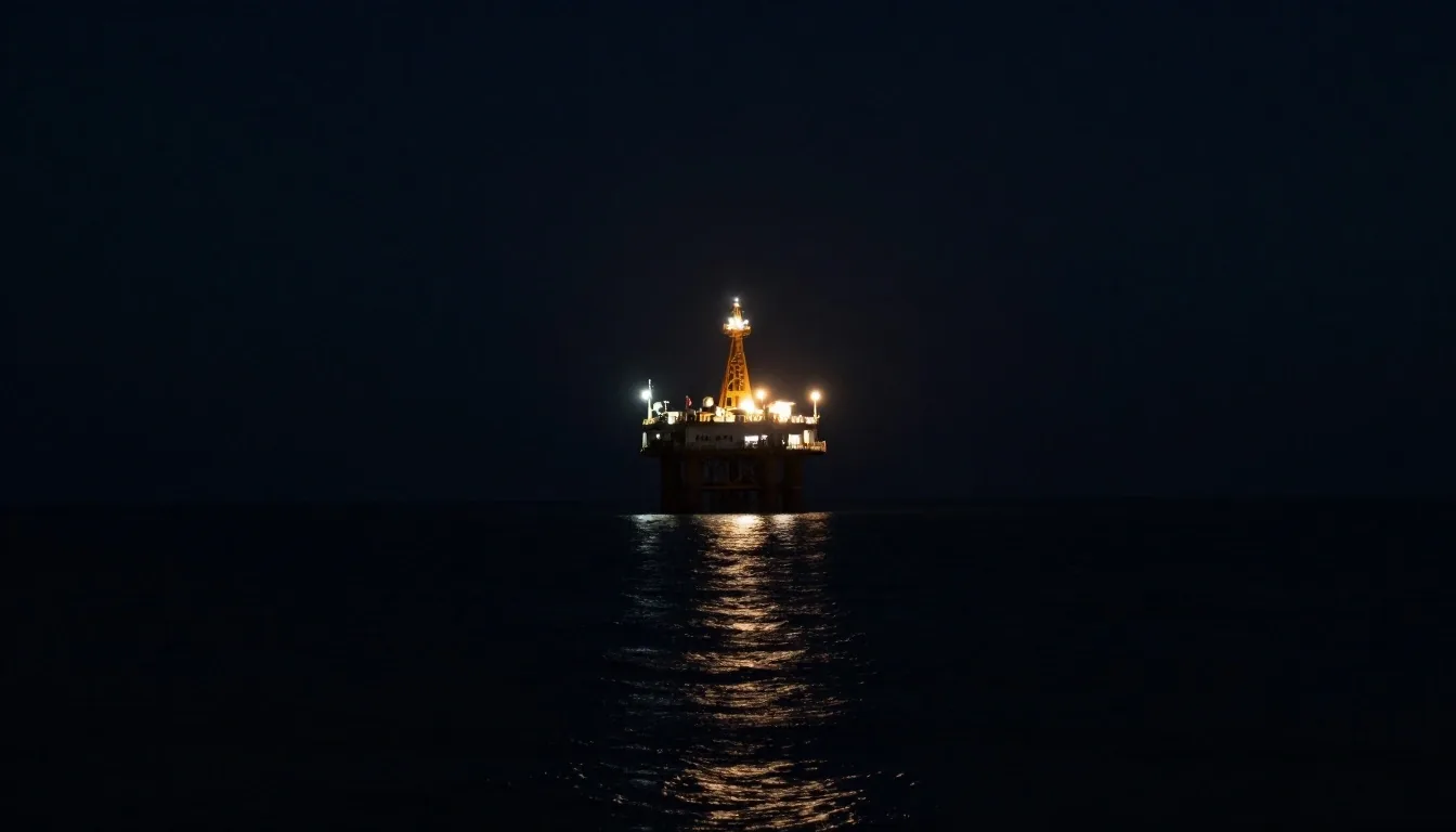 Piattaforma e raffineria costiera di notte