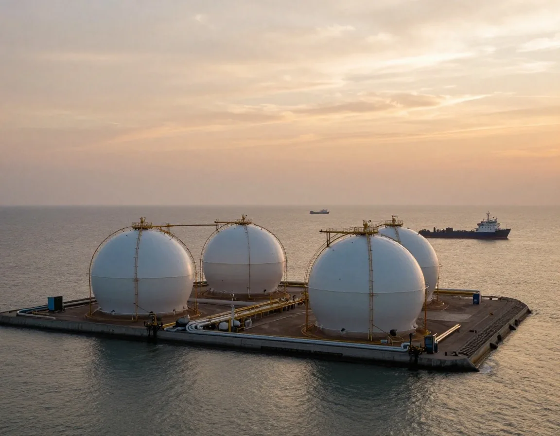 Porto industriale al tramonto con navi e depositi di gas