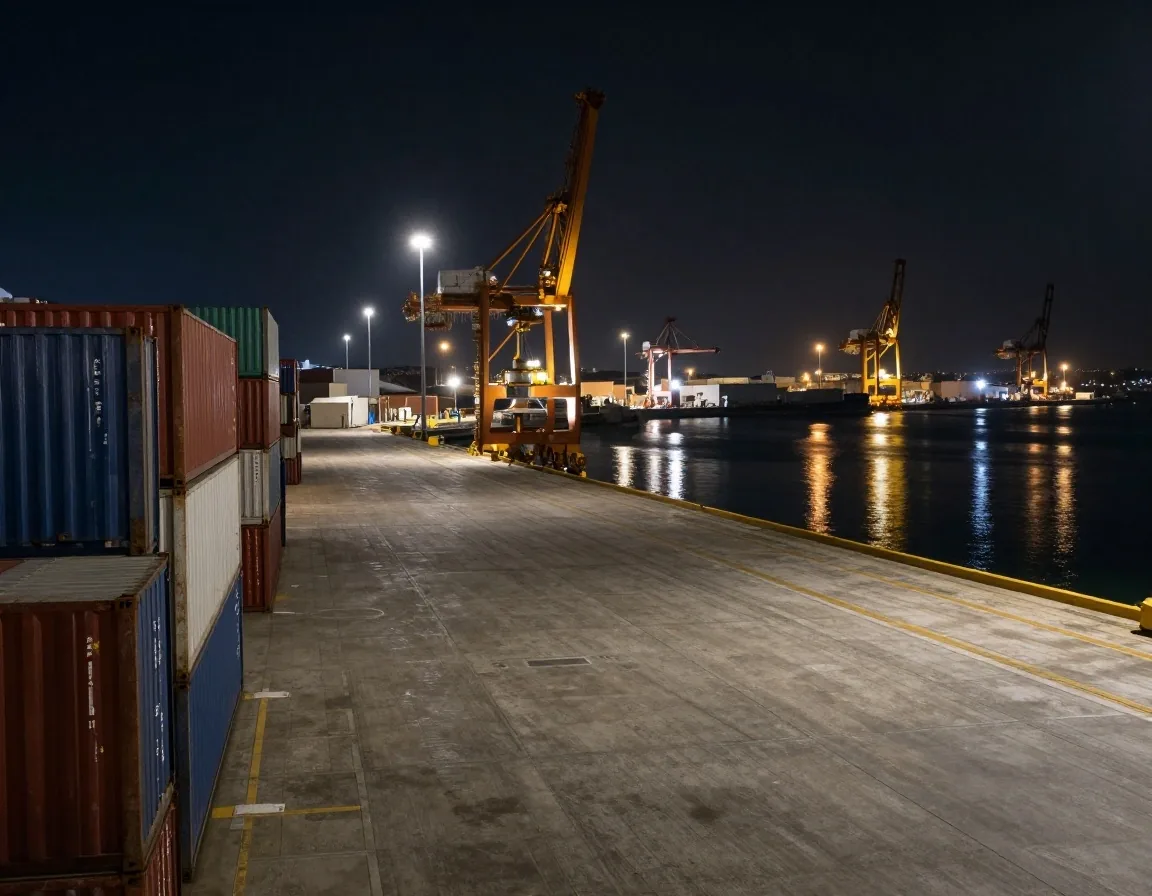 Banchina di un porto italiano di notte con gru e container