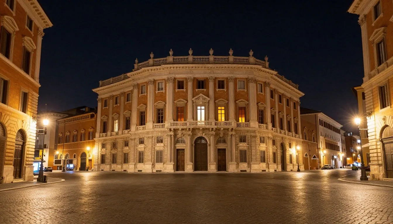 Roma di notte con facciata istituzionale illuminata