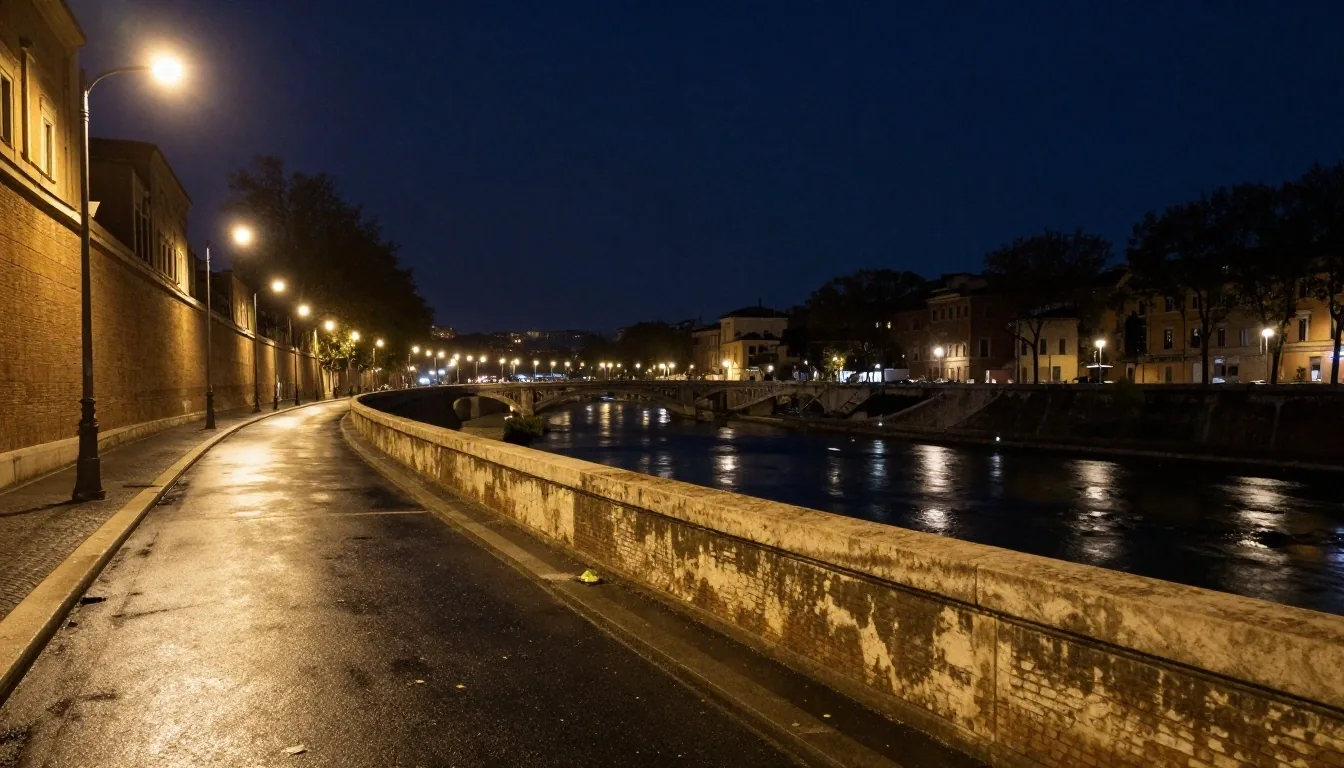 Roma di notte, strada illuminata dopo l'operazione della polizia