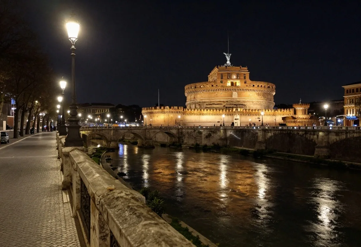 Strada centrale di Roma di notte