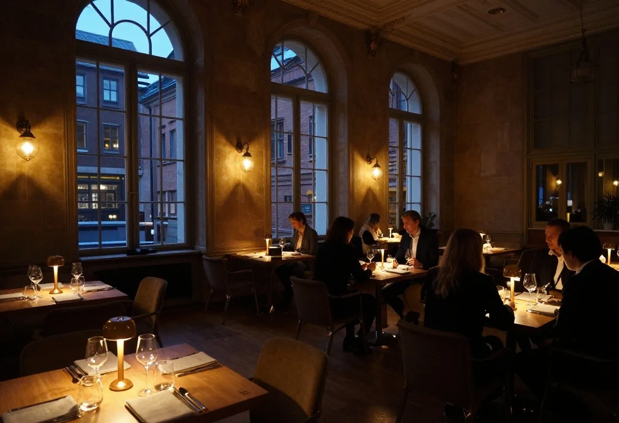 Cena d'affari tra imprese italiane e norvegesi in una sala serale