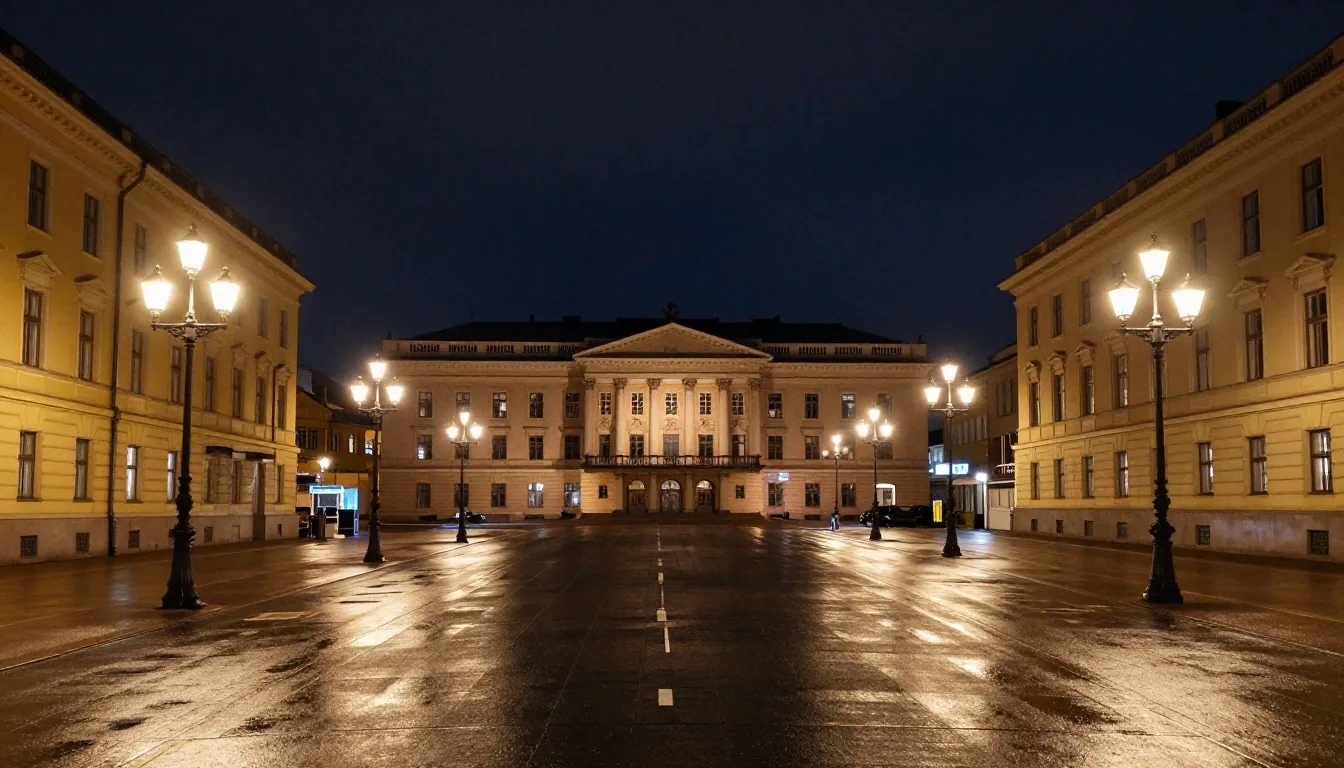 Oslo di notte con edifici governativi illuminati lungo il waterfront