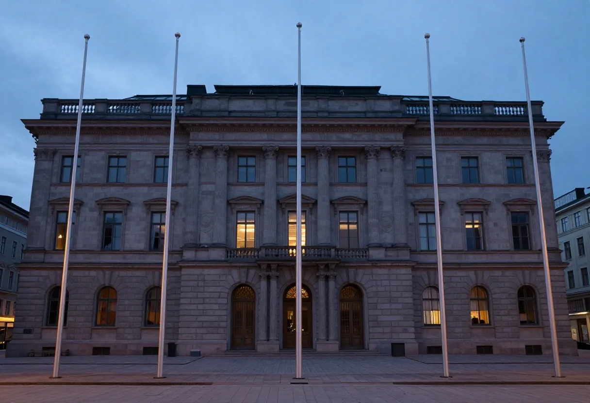 Sede istituzionale a Oslo con bandiere nella luce serale