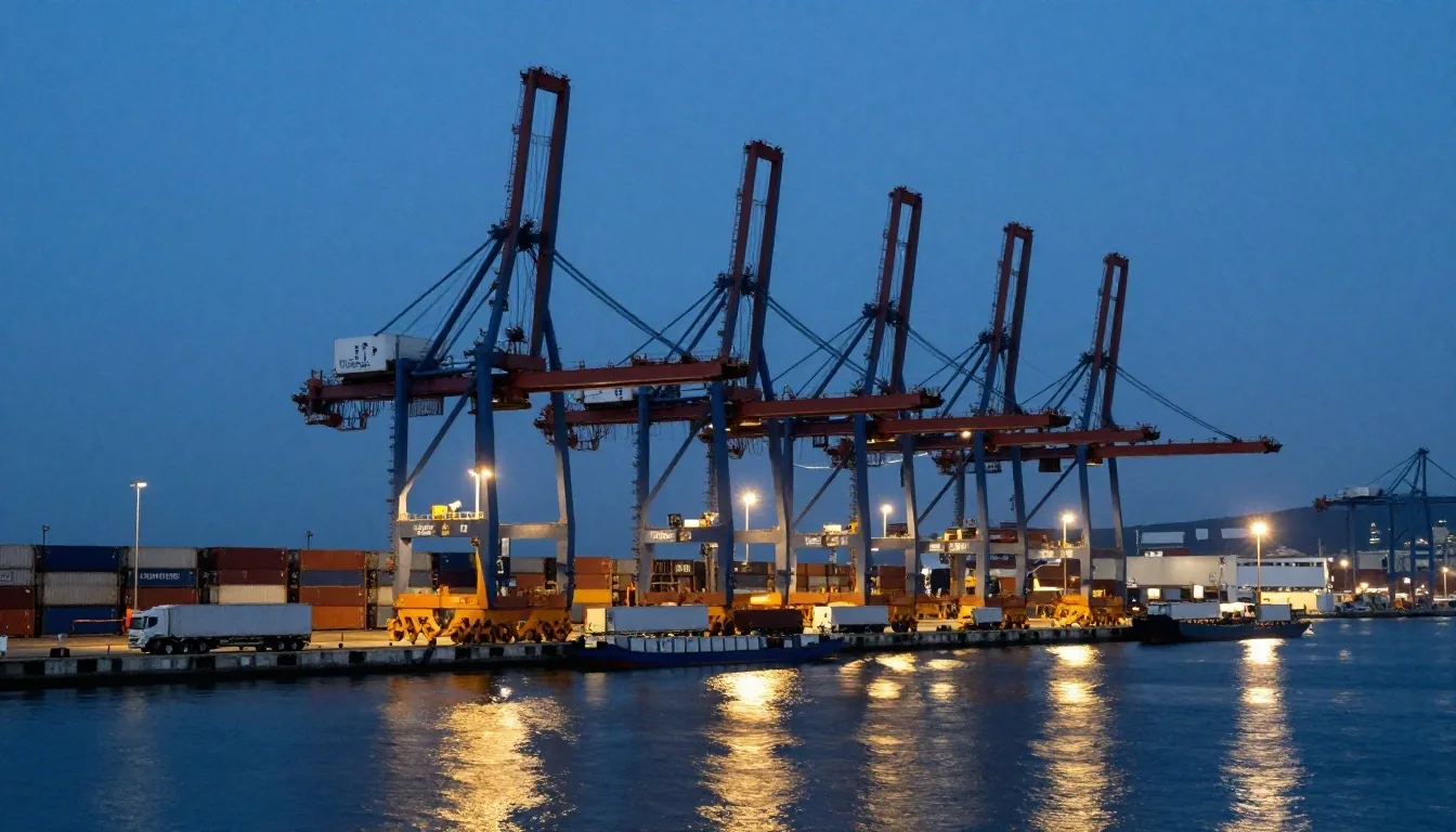Banchina del porto con gru e camion al tramonto