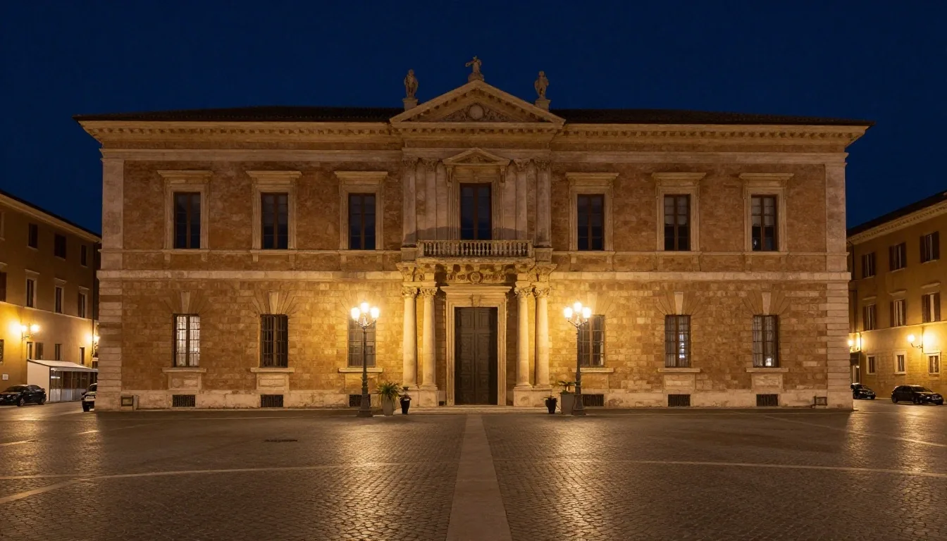 Palazzo del governo a Roma di notte sotto la luce calda dei lampioni