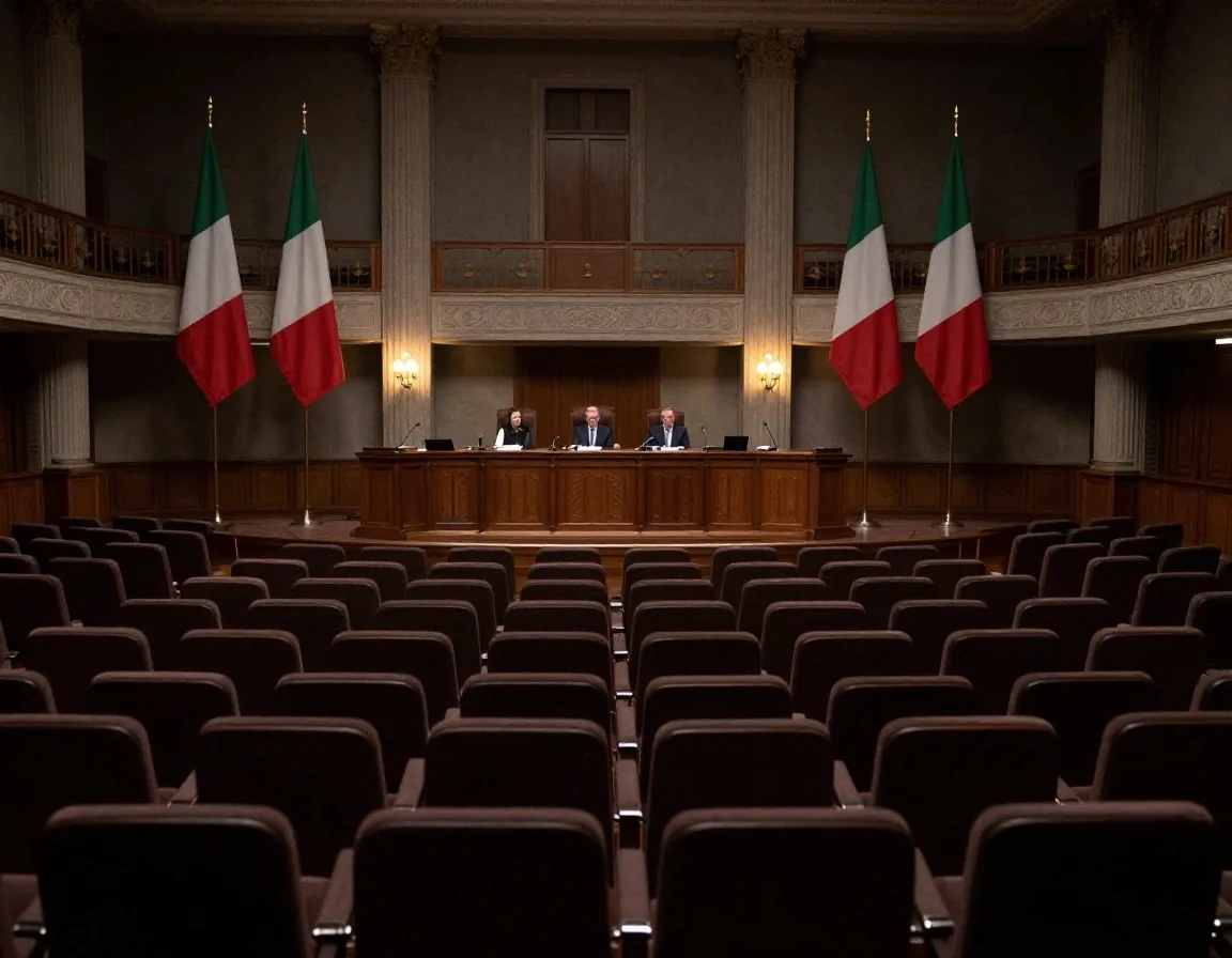 Sala stampa con sedie e microfoni in attesa di una dichiarazione del governo