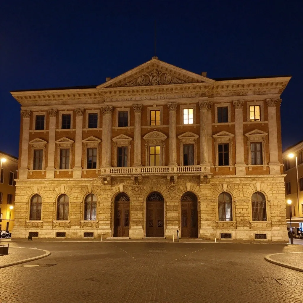 Sede istituzionale in pietra illuminata di notte a Roma