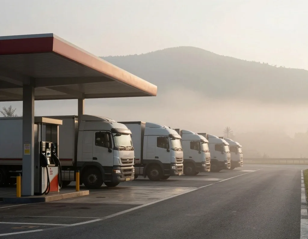 Area di servizio con camion in coda all'alba