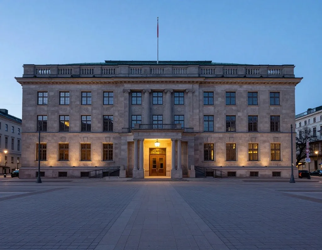 Palazzo istituzionale a Oslo al tramonto