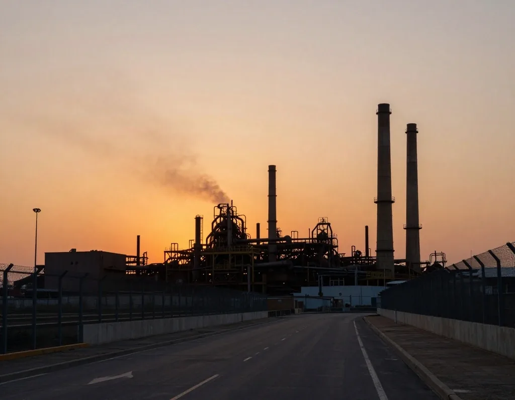 Perimetro dell'area siderurgica di Taranto al tramonto