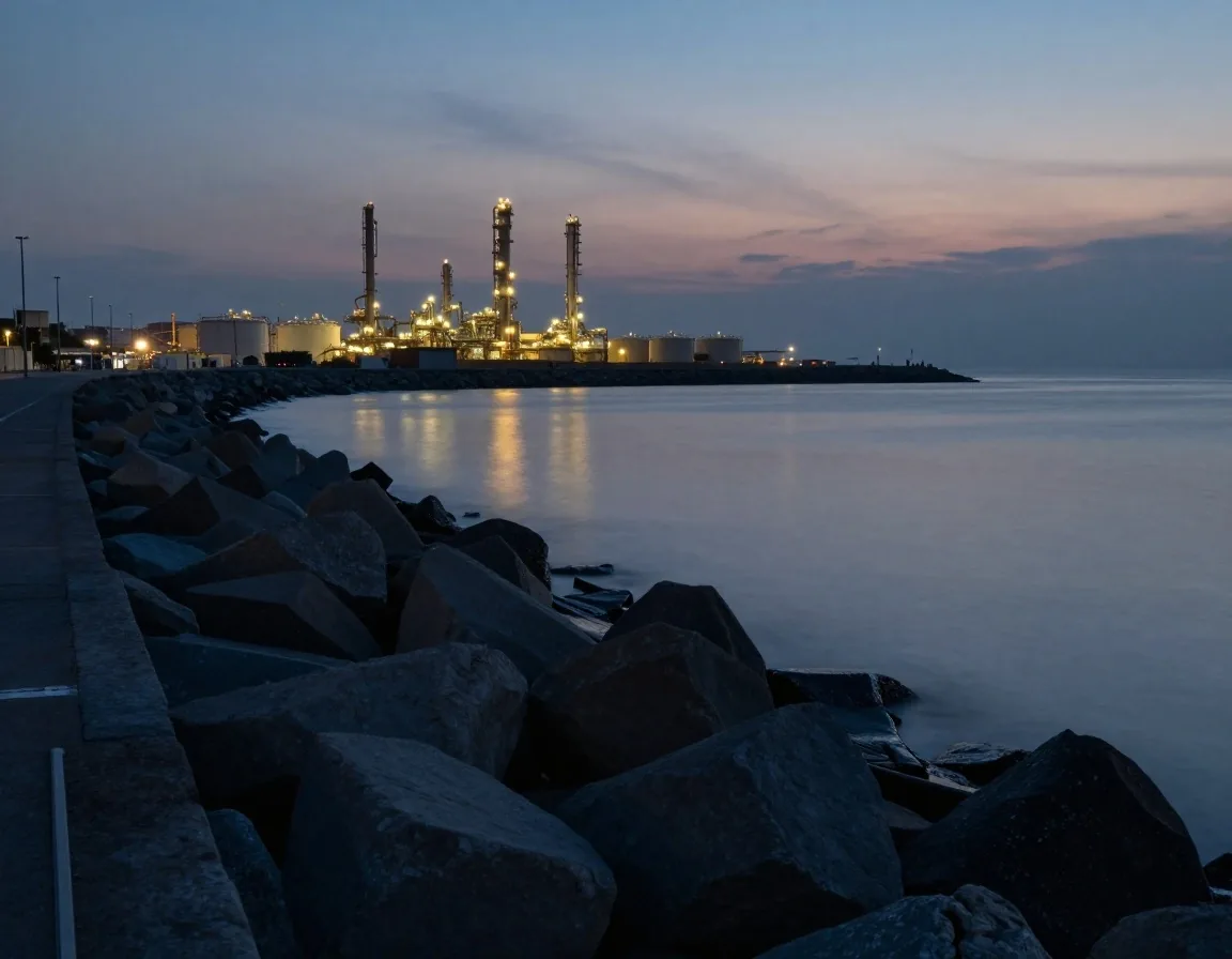 Raffineria costiera al tramonto vicino al porto