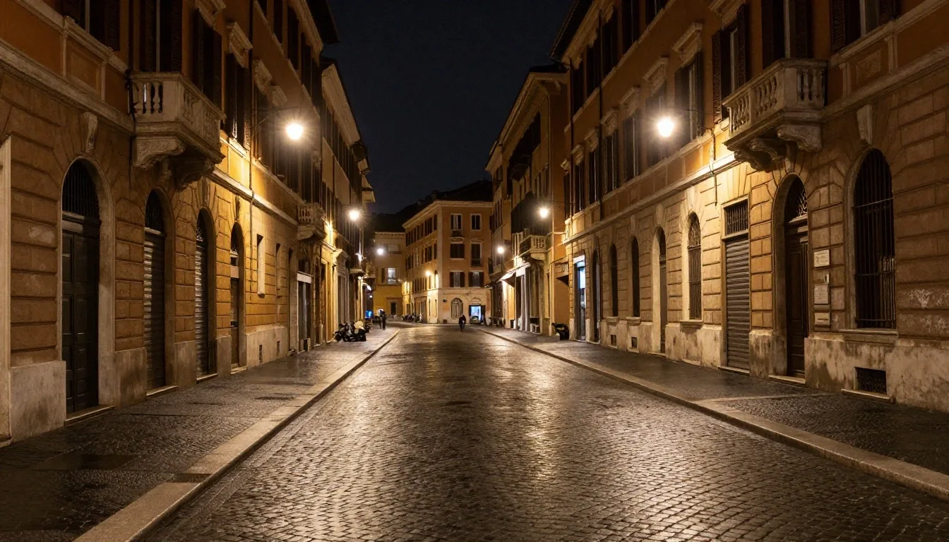 Via del Corso a Roma di notte sotto la luce dei lampioni