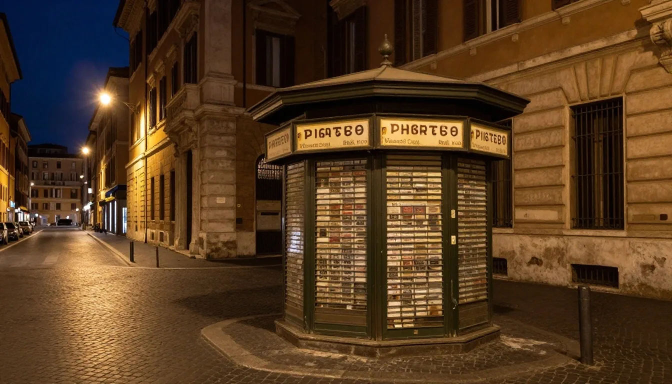 Via del Corso a Roma di notte con edicola chiusa