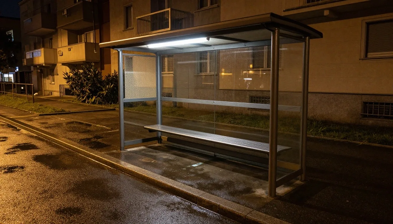 Fermata del bus in zona Bande Nere a Milano di sera