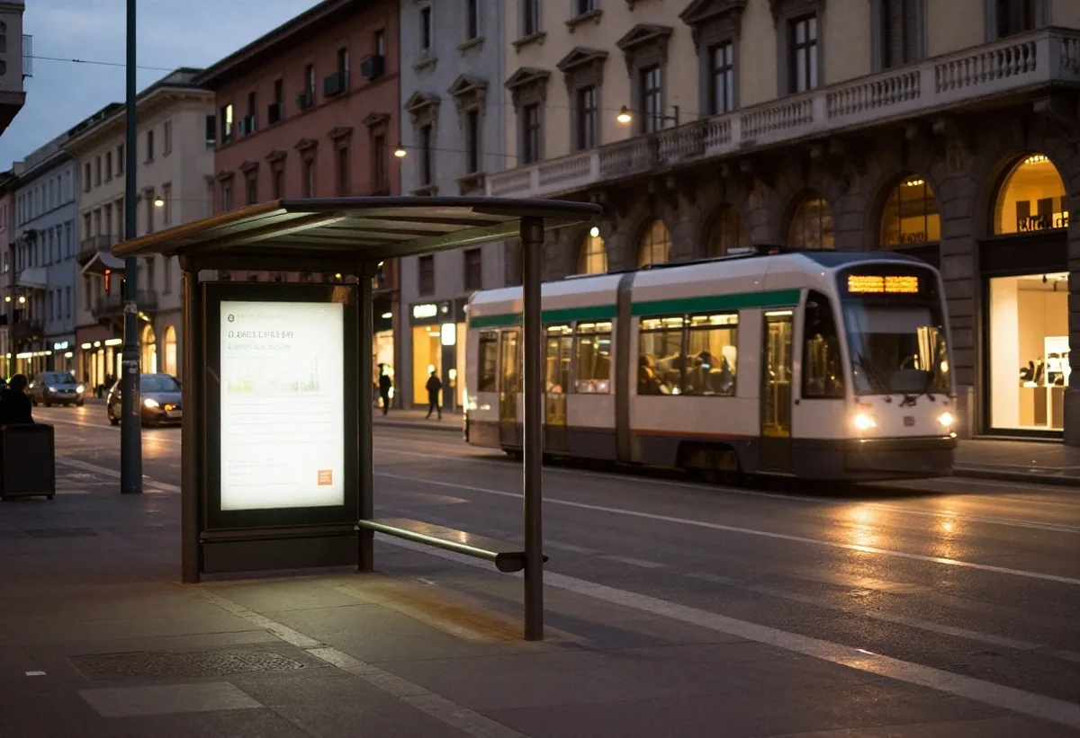 Strada di Milano di sera con mezzi e luci dei negozi
