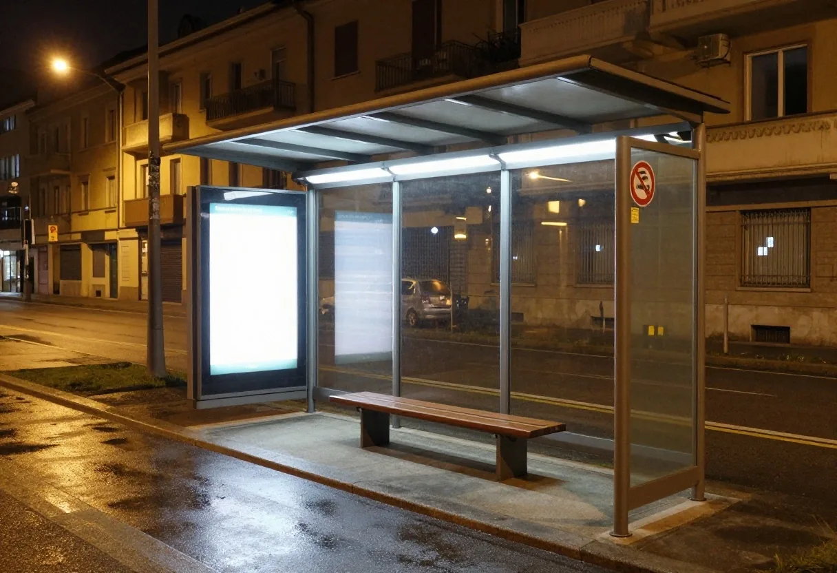 Fermata del bus a Milano di notte